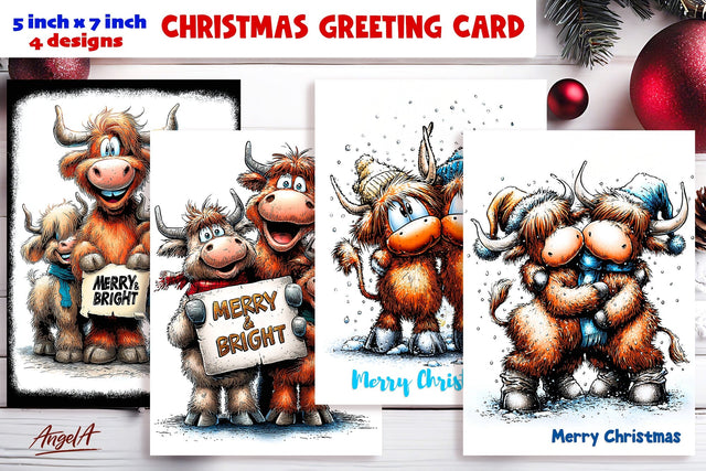 Merry Christmas card printable, funny highland cow family Sublimation Angelina Semenova 