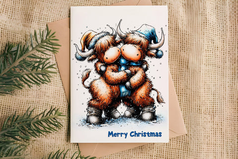 Merry Christmas card printable, funny highland cow family Sublimation Angelina Semenova 