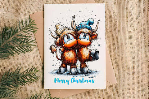 Merry Christmas card printable, funny highland cow family Sublimation Angelina Semenova 