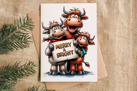 Merry Christmas card printable, funny highland cow family Sublimation Angelina Semenova 