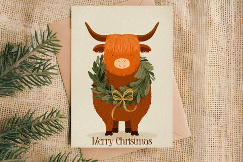 Merry Christmas card printable, funny highland cow wreath Sublimation Angelina Semenova 