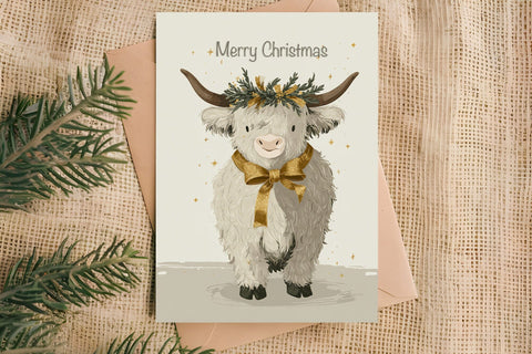 Merry Christmas card printable, funny highland cow wreath Sublimation Angelina Semenova 