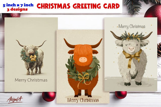 Merry Christmas card printable, funny highland cow wreath Sublimation Angelina Semenova 