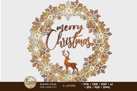 Merry Christmas Decorative Wooden Wreath, Laser Cut Template SVG LaserCutano 