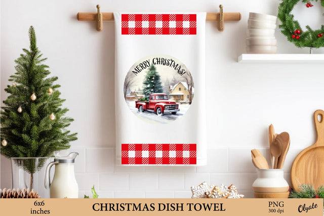 Merry Christmas Dish Towel Sublimation PNG. Red Truck PNG Sublimation Olga Terlyanskaya 
