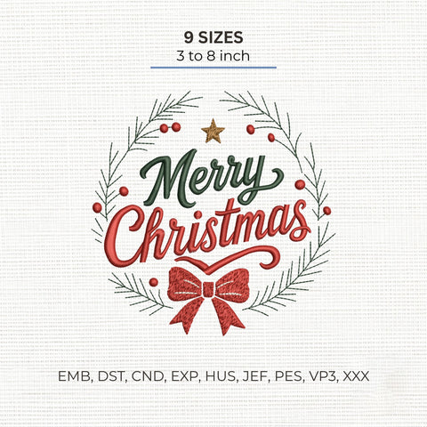Merry Christmas Embroidery Design – Christmas Wreath Bow Holiday Machine Embroidery File, 9 Sizes Embroidery/Applique DESIGNS PatternFeed8 