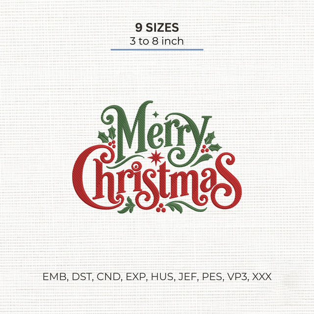 Merry Christmas Embroidery Design – Holly Berry Festive Holiday Typography Machine Embroidery File Embroidery/Applique DESIGNS PatternFeed8 