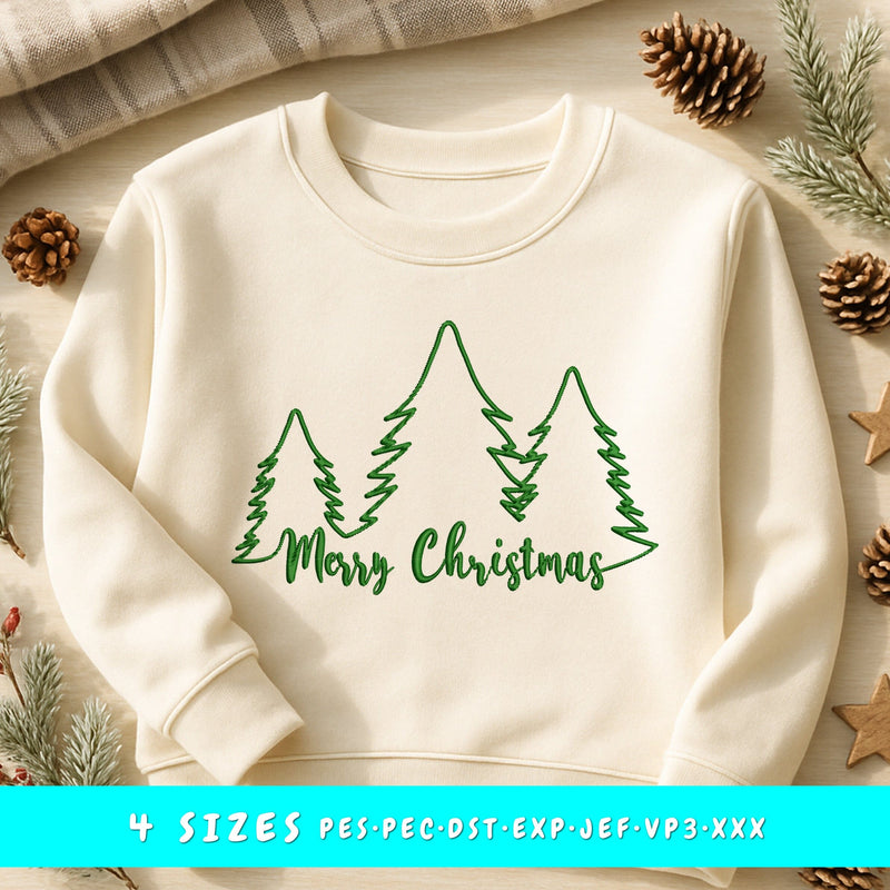 Merry Christmas Embroidery Design | Line Art Christmas Tree Embroidery | Simple Holiday Embroidery File | 4 Sizes Embroidery/Applique DESIGNS HappyDesignStudio 