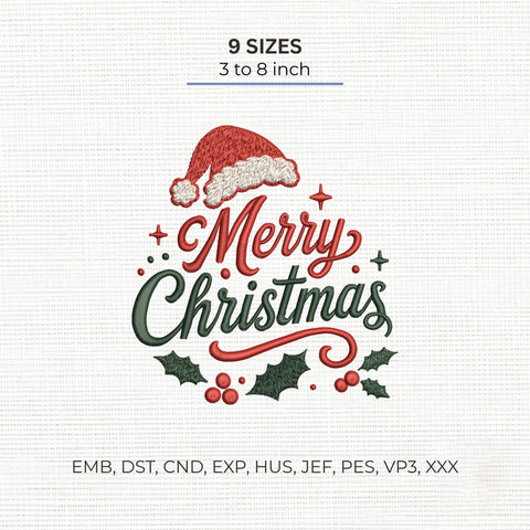 Merry Christmas Embroidery Design – Santa Hat Holly Berries Christmas Script Machine Embroidery File, 9 Sizes Embroidery/Applique DESIGNS PatternFeed8 
