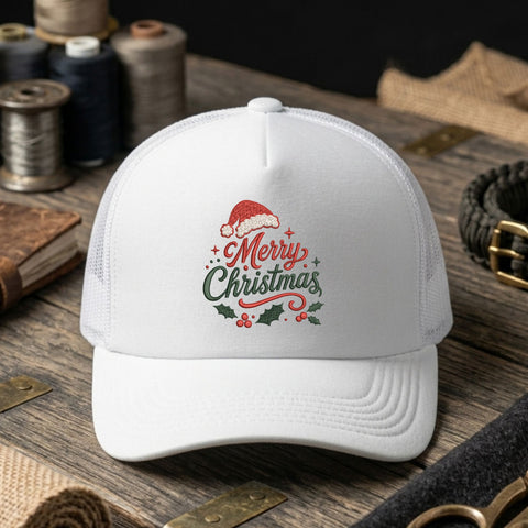 Merry Christmas Embroidery Design – Santa Hat Holly Berries Christmas Script Machine Embroidery File, 9 Sizes Embroidery/Applique DESIGNS PatternFeed8 