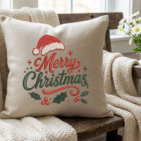 Merry Christmas Embroidery Design – Santa Hat Holly Berries Christmas Script Machine Embroidery File, 9 Sizes Embroidery/Applique DESIGNS PatternFeed8 
