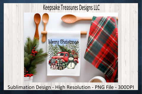'Merry Christmas' Festive Winter Scene with Vintage Truck and Snowman Sublimation PNG Printable Sublimation Keepsake Treasures Designs LLC. 