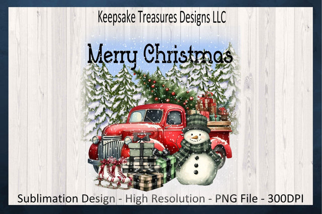 'Merry Christmas' Festive Winter Scene with Vintage Truck and Snowman Sublimation PNG Printable Sublimation Keepsake Treasures Designs LLC. 