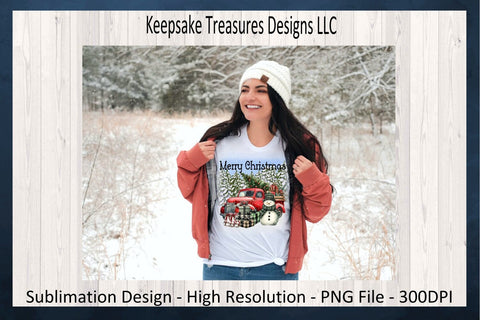 'Merry Christmas' Festive Winter Scene with Vintage Truck and Snowman Sublimation PNG Printable Sublimation Keepsake Treasures Designs LLC. 