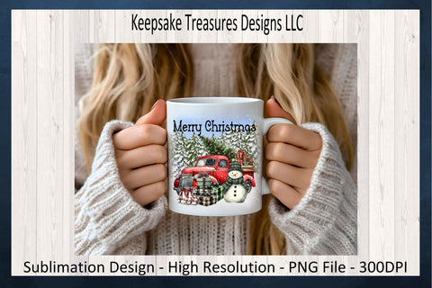 'Merry Christmas' Festive Winter Scene with Vintage Truck and Snowman Sublimation PNG Printable Sublimation Keepsake Treasures Designs LLC. 