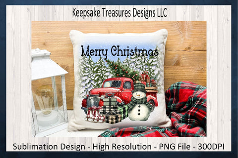 'Merry Christmas' Festive Winter Scene with Vintage Truck and Snowman Sublimation PNG Printable Sublimation Keepsake Treasures Designs LLC. 