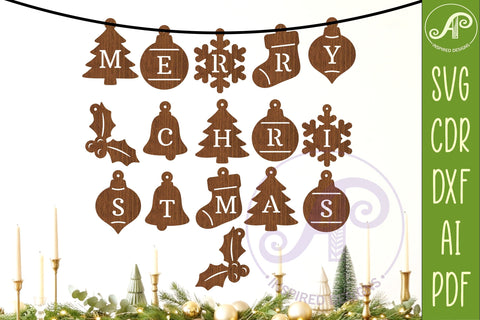 Merry Christmas Garland SVG, Christmas Bunting Banner, Laser Cut Holiday Letter Decorations SVG Set SVG APInspireddesigns 
