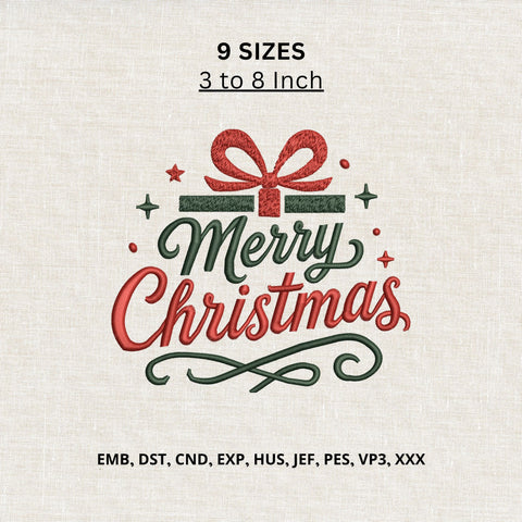 Merry Christmas Gift Bow Machine Embroidery Design – Holiday Present Christmas Embroidery File Embroidery/Applique DESIGNS PatternFeed8 