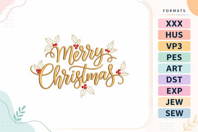 Merry Christmas Gold Script with Holly Embroidery Design Embroidery/Applique DESIGNS sg embroidery 