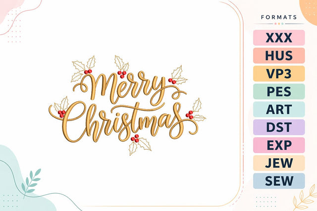 Merry Christmas Gold Script with Holly Embroidery Design Embroidery/Applique DESIGNS sg embroidery 