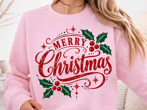 Merry Christmas Holly Vintage Script PNG SVG DesignDestine 