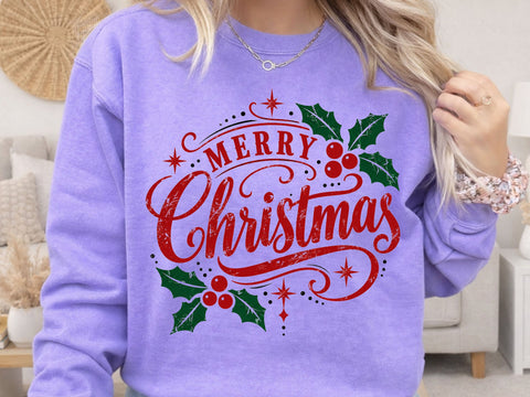Merry Christmas Holly Vintage Script PNG SVG DesignDestine 