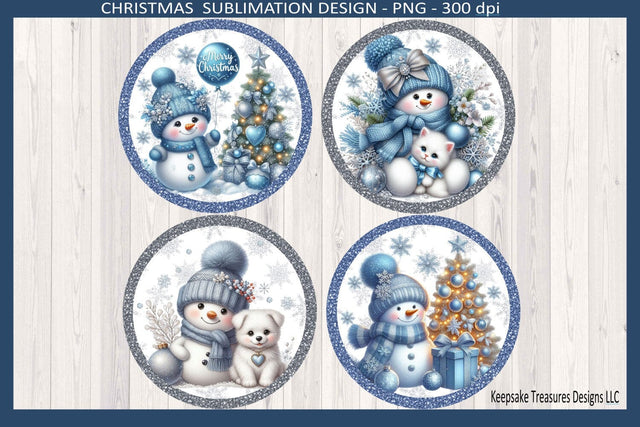 Merry Christmas Ice Blue and Sliver Snowmen Tree Ornaments, Sublimation Png Printable, Digital Download Sublimation Keepsake Treasures Designs LLC. 
