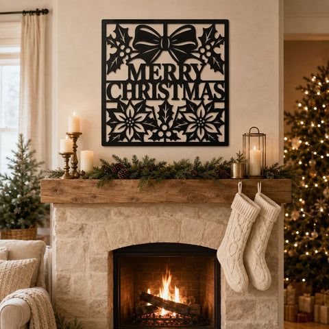 Merry Christmas Laser SVG | Christmas Metal Wall Art | Holiday Bow Holly Poinsettia DXF | CNC Plasma Cutting File | Festive Sign Svg SVG HappyDesignStudio 