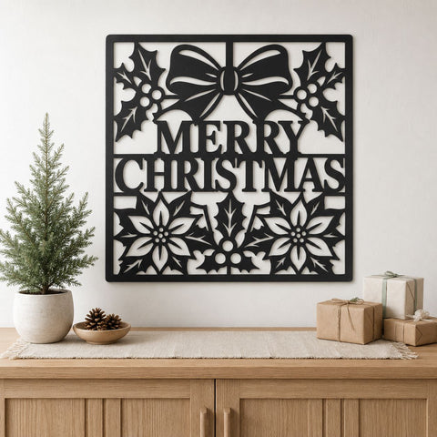 Merry Christmas Laser SVG | Christmas Metal Wall Art | Holiday Bow Holly Poinsettia DXF | CNC Plasma Cutting File | Festive Sign Svg SVG HappyDesignStudio 