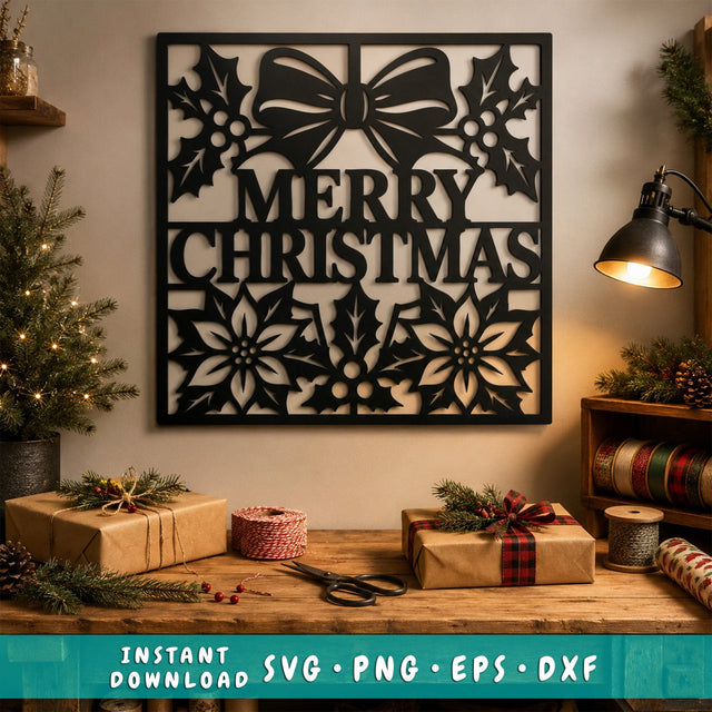 Merry Christmas Laser SVG | Christmas Metal Wall Art | Holiday Bow Holly Poinsettia DXF | CNC Plasma Cutting File | Festive Sign Svg SVG HappyDesignStudio 