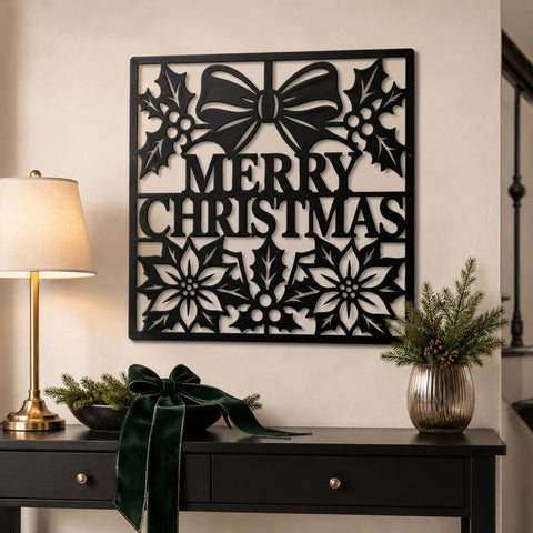 Merry Christmas Laser SVG | Christmas Metal Wall Art | Holiday Bow Holly Poinsettia DXF | CNC Plasma Cutting File | Festive Sign Svg SVG HappyDesignStudio 