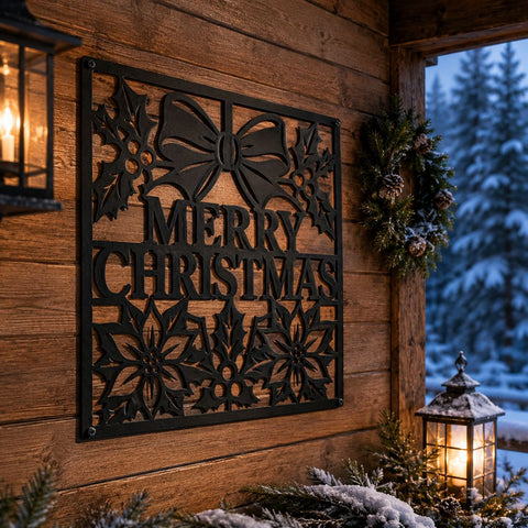 Merry Christmas Laser SVG | Christmas Metal Wall Art | Holiday Bow Holly Poinsettia DXF | CNC Plasma Cutting File | Festive Sign Svg SVG HappyDesignStudio 