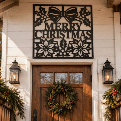 Merry Christmas Laser SVG | Christmas Metal Wall Art | Holiday Bow Holly Poinsettia DXF | CNC Plasma Cutting File | Festive Sign Svg SVG HappyDesignStudio 