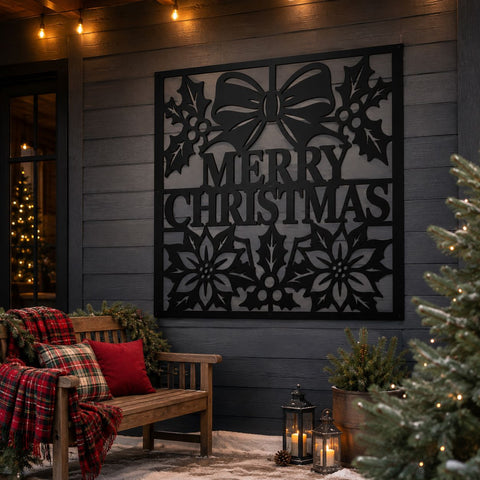 Merry Christmas Laser SVG | Christmas Metal Wall Art | Holiday Bow Holly Poinsettia DXF | CNC Plasma Cutting File | Festive Sign Svg SVG HappyDesignStudio 