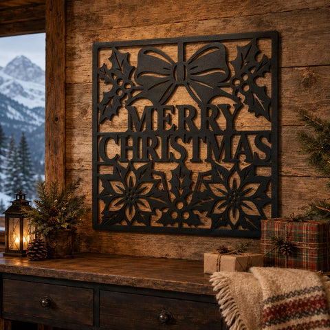 Merry Christmas Laser SVG | Christmas Metal Wall Art | Holiday Bow Holly Poinsettia DXF | CNC Plasma Cutting File | Festive Sign Svg SVG HappyDesignStudio 