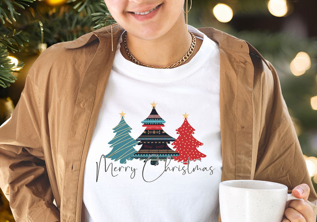 Merry Christmas Patterned Trees | Bohemian Holiday Typography PNG | Artistic Christmas Design Sublimation Print Perfect Design Shop 