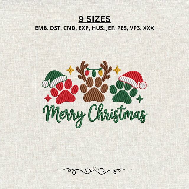 Merry Christmas Paw Prints Embroidery Design – Santa Hat Reindeer Dog Paw Holiday Machine Embroidery File Embroidery/Applique DESIGNS PatternFeed8 