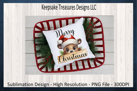 Merry Christmas Peeking Teddy Bear, Sublimation PNG Design, Christmas T-Shirt PNG, Digital Download Sublimation Keepsake Treasures Designs LLC. 