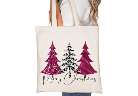 Merry Christmas Pink Glitter Trees | Glamorous Holiday Typography PNG | Pink Christmas Design Sublimation Print Perfect Design Shop 