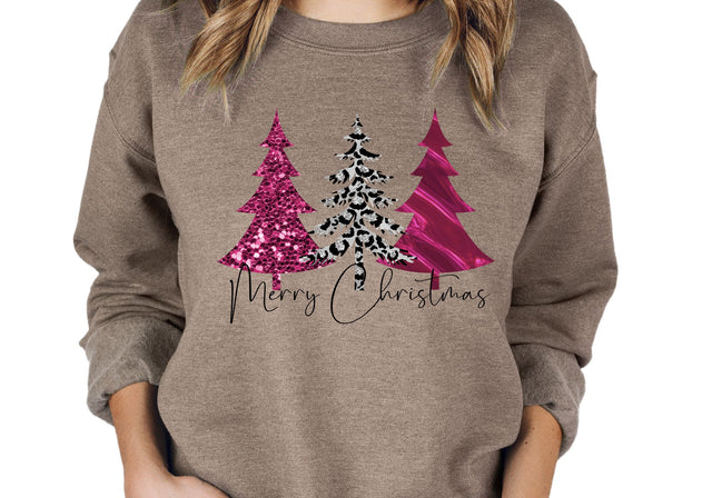 Merry Christmas Pink Glitter Trees | Glamorous Holiday Typography PNG | Pink Christmas Design Sublimation Print Perfect Design Shop 