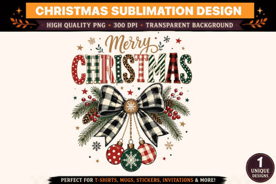 Merry Christmas PNG | Buffalo Plaid Christmas Bow Sublimation Design | Vintage Holiday T-Shirt PNG | Christmas Ornament Design | 300 DPI Sublimation BlackCatsMedia 