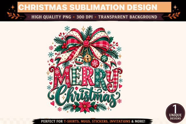 Merry Christmas PNG, Christmas Sublimation Design, Festive Bow and Evergreen Holiday Graphic, Christmas T-Shirt PNG Sublimation BlackCatsMedia 