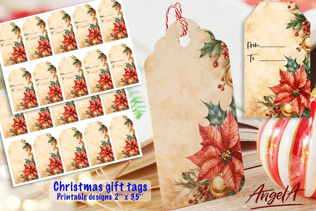 Merry Christmas printable gift tags, floral tags, poinsettia Sublimation Angelina Semenova 