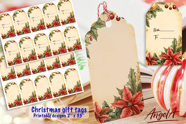Merry Christmas printable gift tags, floral tags, poinsettia Sublimation Angelina Semenova 