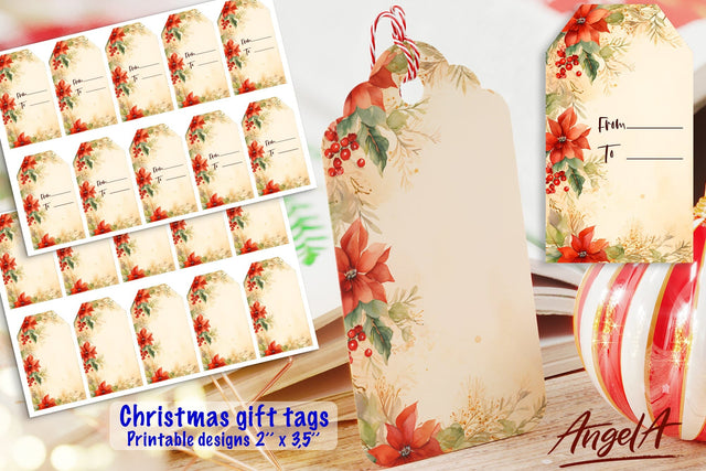 Merry Christmas printable gift tags, retro floral tags Sublimation Angelina Semenova 