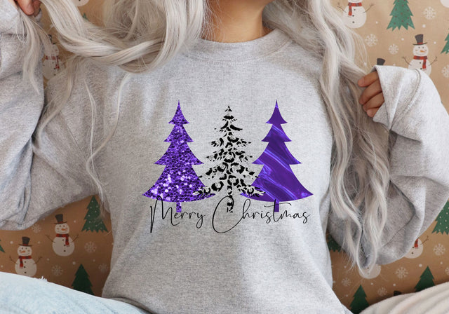 Merry Christmas Purple Glitter Trees | Glamorous Holiday Typography PNG | Purple Christmas Design Sublimation Print Perfect Design Shop 