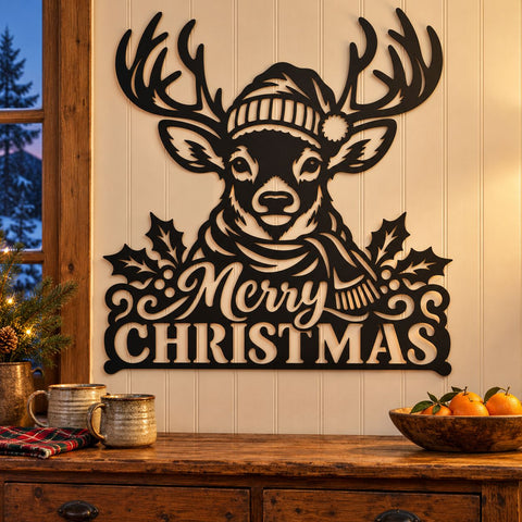Merry Christmas Reindeer Laser SVG | Christmas Deer DXF | Winter Antlers Metal Wall Art | Holiday Plasma CNC Cutting File SVG HappyDesignStudio 