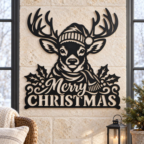 Merry Christmas Reindeer Laser SVG | Christmas Deer DXF | Winter Antlers Metal Wall Art | Holiday Plasma CNC Cutting File SVG HappyDesignStudio 