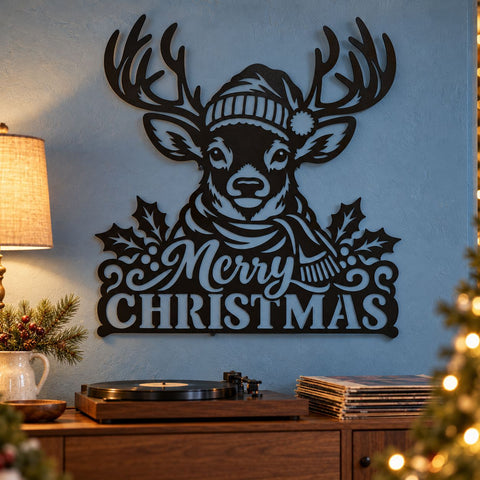 Merry Christmas Reindeer Laser SVG | Christmas Deer DXF | Winter Antlers Metal Wall Art | Holiday Plasma CNC Cutting File SVG HappyDesignStudio 