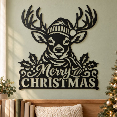 Merry Christmas Reindeer Laser SVG | Christmas Deer DXF | Winter Antlers Metal Wall Art | Holiday Plasma CNC Cutting File SVG HappyDesignStudio 